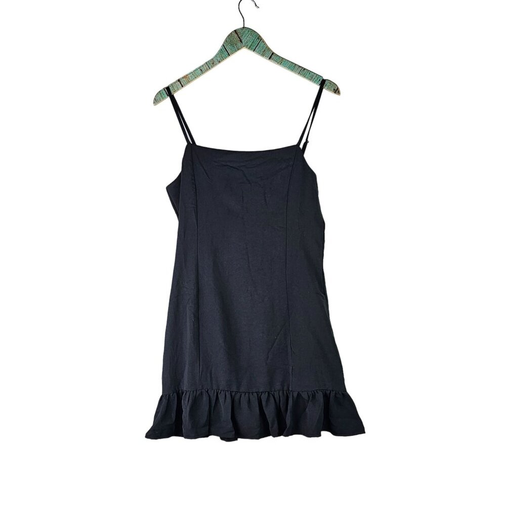Glam Women's Ruffle Drop Waist Flowy Square Neck Little Black Dress LBD Mini, M